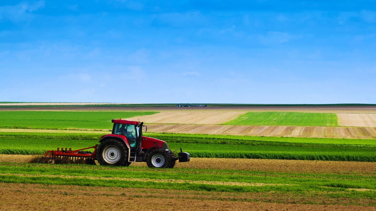 Trattore moderno in campo agricolo verde